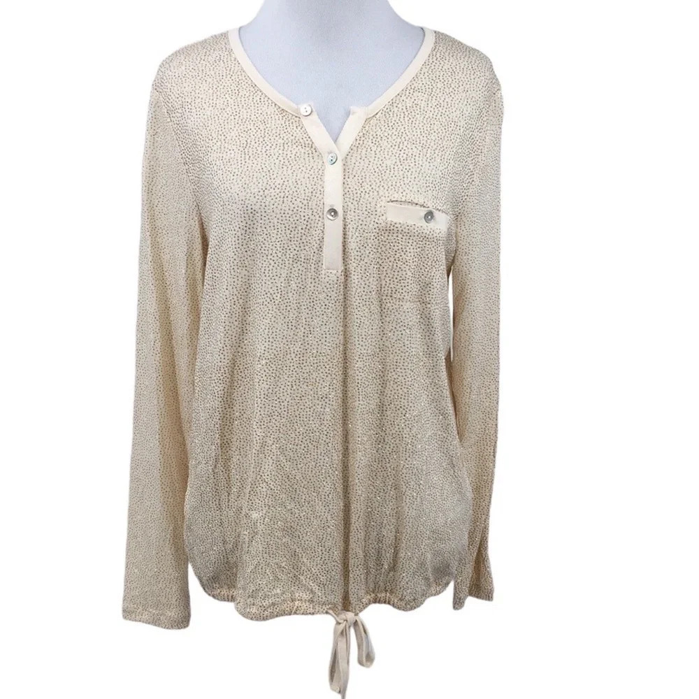 Chaser Cream Gold Glitter Henley Top‎ Womens Medium Long Sleeve